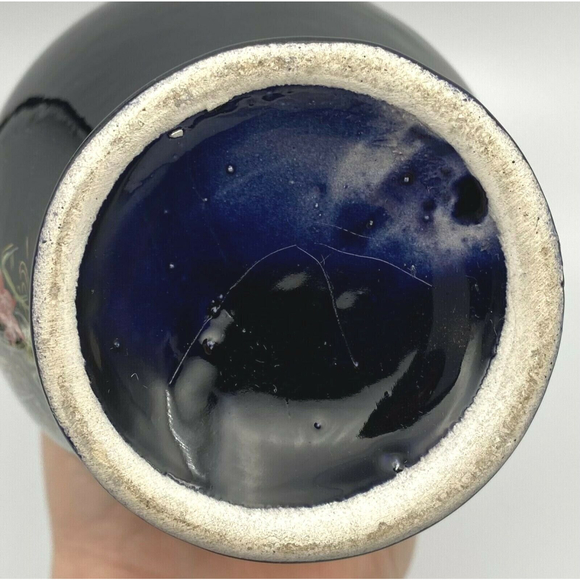 Vintage Japanese Cranes Floral Gold Accent Black Porcelain Vase 8" PRETTY - Picture 7 of 7